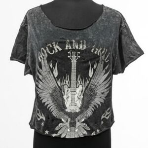 Distressed Cropped Cut Rock and Roll Graphic Tee Rockstar Girlfriend Aesthetic